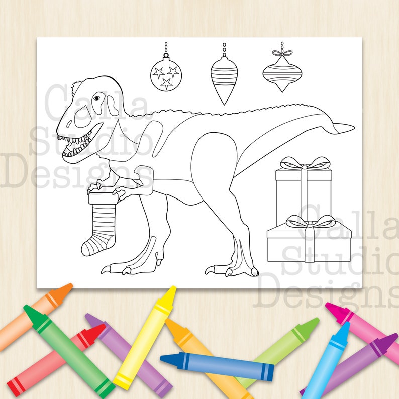 Happy T-Rex celebrating Christmas coloring page. Instant | Etsy