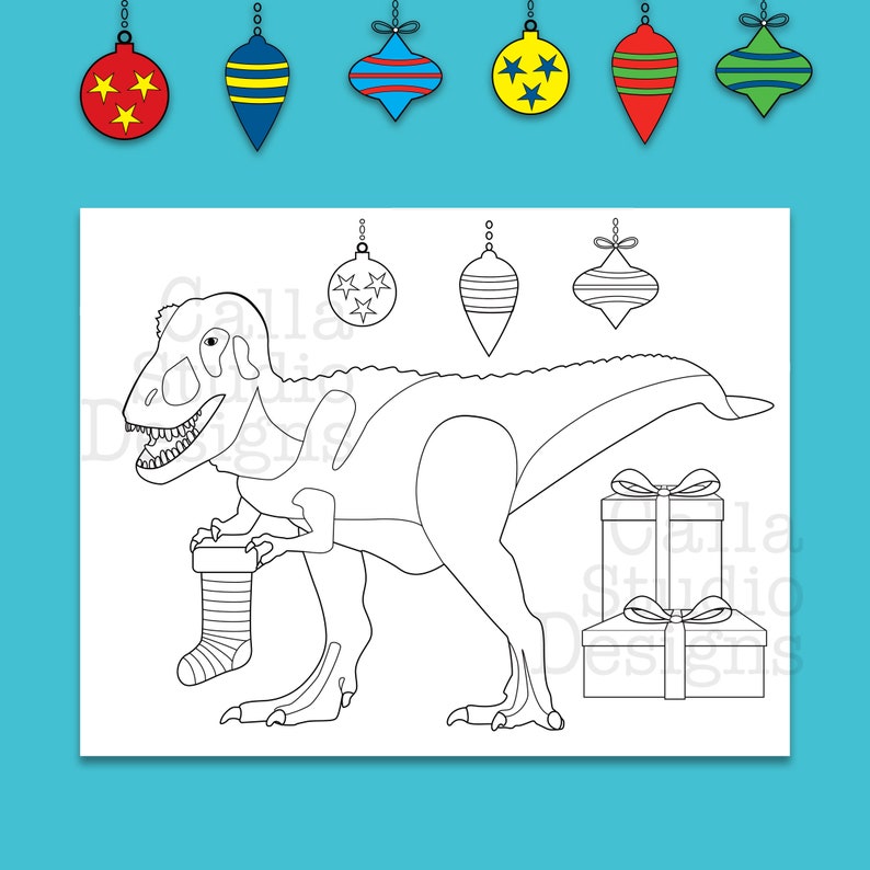 Happy T-Rex celebrating Christmas coloring page. Instant | Etsy