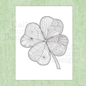May include: A black and white line drawing of a four-leaf clover with intricate patterns in each leaf. The clover is a popular symbol of good luck and is often used in St. Patrick's Day decorations.