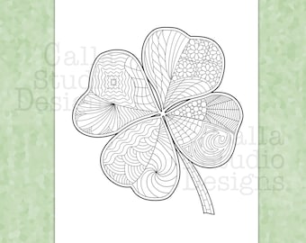 Día de San Patricio, página para colorear de Shamrock. Zentangle inspiró un trébol de cuatro hojas. Descarga digital instantánea.