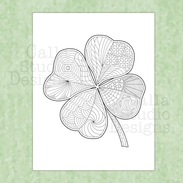 St. Patricks day, Shamrock coloring page. Zentangle inspired four leaf clover. Instant digital download.