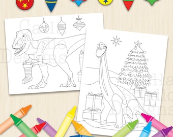 Dibujos para colorear de Felices Brontosaurio y T-Rex para descargar e imprimir. Incluso a los dinosaurios les gusta la Navidad. Descarga instantánea.