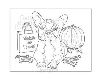Lindo Bulldog Francés, página para colorear de Halloween. Descarga digital instantánea.