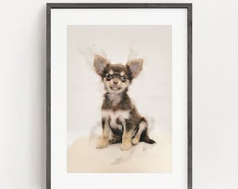 Impresión de descarga digital de Chihuahua de abrigo largo. Ilustración de Photoshop inspirada en acuarela.