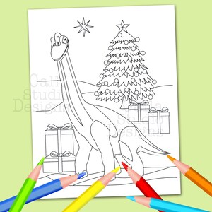 Happy Brontosaurus in front of his Christmas tree, thinking about his gifts. Instant Digital Download.