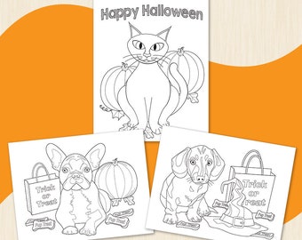Un trío de colorear de Halloween para descargar y colorear. Dibujos para colorear descargables de un gato, un bulldog francés y un cachorro.