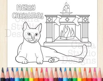 Gato navideño descansando frente a un cálido fuego navideño con medias. Descarga digital instantánea. Navidad para colorear para adultos y niños.