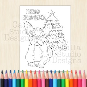 French Bulldog enjoying Christmas in front of a Christmas tree. Coloring page, instant digital download