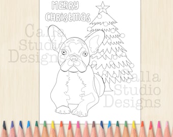 Bulldog Francés disfrutando de la Navidad frente a un árbol de Navidad. Página para colorear, descarga digital instantánea
