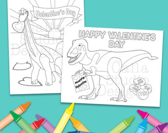 T-Rex y Brontosaurio disfrutando de su página para colorear del Día de San Valentín. Descarga digital instantánea