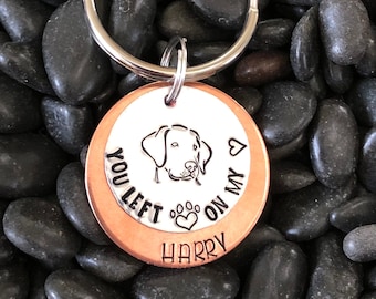 May include: Silver and copper pet memorial keychain with a dog silhouette and the text "You left paw prints on my heart Harry".