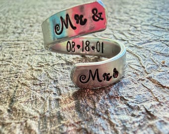 Custom hand-stamped wedding rings