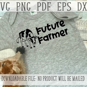 K&ouml;nnte beinhalten: Ein grauer Strampler mit einer schwarzen Silhouette einer Kuh und dem Text "Future Farmer" in Schwarz.