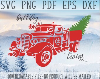 Caminhão de bombeiros SVG, caminhão vermelho de natal, socorrista, arquivo cortado, árvore de natal PNG, caminhão vintage DXF, caminhão de bombeiros vintage, cameo, cricut, clipart