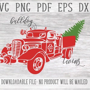 May include: Red vintage fire truck with a Christmas tree in the back, the text "bulldog" and "twins" is written on the image.