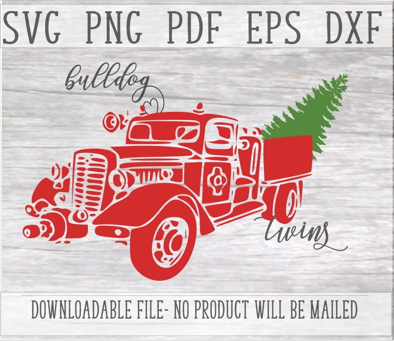 May include: Red vintage fire truck with a Christmas tree in the back, the text "bulldog" and "twins" is written on the image.