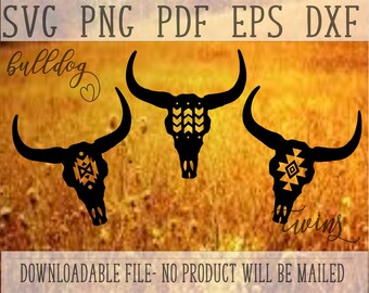 Navajo Patterned Cow Skull SVG, Aztec Print Skull Set, Bull Skull Cut File, Cow Clipart, Boho Clip Art, Arrow PNG, Rustic Cow Head, Decal