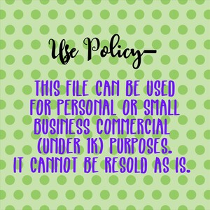 May include: A green and white polka dot background with black text that reads "Use Policy- THIS FILE CAN BE USED FOR PERSONAL OR SMALL BUSINESS COMMERCIAL (UNDER 1K) PURPOSES. IT CANNOT BE RESOLD AS IS."