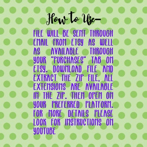 May include: A green and white polka dot background with the text "How to Use" in purple. The text below explains how to download and use a digital file purchased from Etsy.