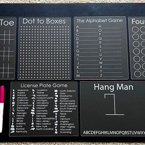 Acrylic Dry Erase Game Boards, Hangman, Tic Tac Toe, Four In A Row, Dot to Boxes, License Plate Game, Alphabet Game, Travel Games