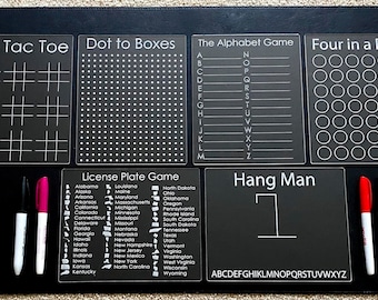 Acrylic Dry Erase Game Boards, Hangman, Tic Tac Toe, Four In A Row, Dot to Boxes, License Plate Game, Alphabet Game, Travel Games