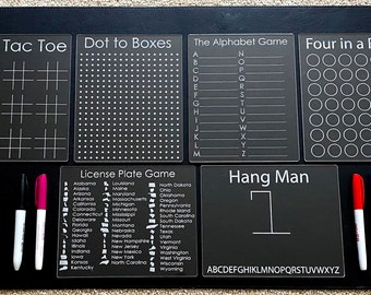 Acrylic Dry Erase Game Boards, Hangman, Tic Tac Toe, Four In A Row, Dot to Boxes, License Plate Game, Alphabet Game, Travel Games