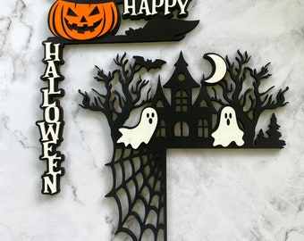 Haunted Mansion with Ghost door topper, Halloween door corner decor, Spider web decor, halloween door decor, Pumpkin layered door corners,