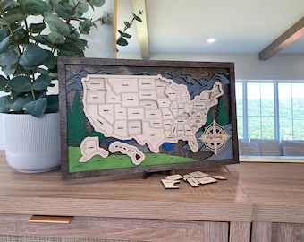 Rompecabezas de madera personalizado con mapa de viaje de EE. UU.