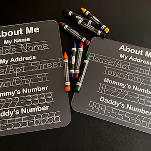 Name, Address and Phone numbers learning Board, Acrylic Dry Erase, Practice Board, Preschool and Kindergarten Prep