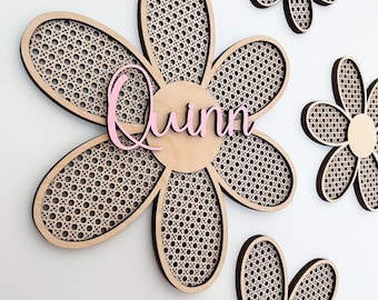 Rattan Daisy Flower Wall Decor, Boho Nursery, Personalized Name Sign