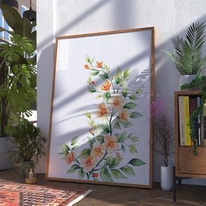 Lámina de acuarela floral para pared: Melocotón, naranja y verde (Descarga PDF)