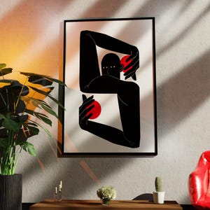 Modern Abstract Dual Face Poster – Contemporary Wall Art Print – Red black Minimalist Decor – Unframed Black White Artwork
