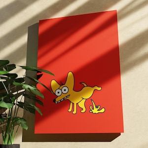 Funny Dog Pee Framed Poster – Red Background Wall Art – Humorous Dog Print – Quirky Pet Decor – Bold Animal Illustration