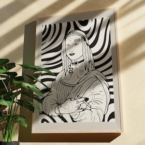 Pôster emoldurado da Mona Lisa Rebelde – Arte de parede com tatuagem gótica – Desenho de garota punk – Estética do metal escuro – Ilustração moderna ousada