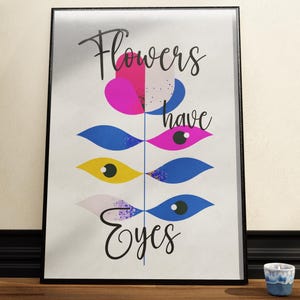 Blumen haben Augen Poster – Surreale botanische Kunstdruck – Minimale ästhetische Illustration – Wanddekor in Museumsqualität