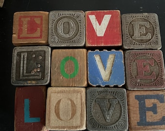 Alphabet letter block words, antique rustic design, shabby chic, chippy white, folk art LOVE, large size