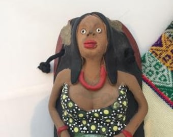 Brazilian Vitalino terra cotta folk art, wall hanging plaque, artisan made woman (big sister) with watermelon