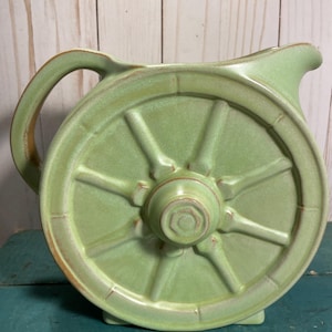 Vintage Frankoma water pitcher, nice large size, wagon wheel motif, western decor, prairie green matte glaze, Oklahoma redware