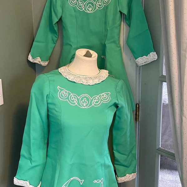 Vintage dance costume, Irish dance, competition dresses, Ceili dress, celtic dance, matching dresses, handmade dresses, embroidery, crochet