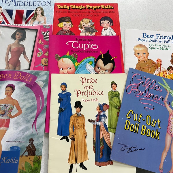 Vintage paper dolls, paper doll books, new old stock, scrapbooking, kate m, gilda r, frida, barbie, cupie doll, dolly dingle, jane austin