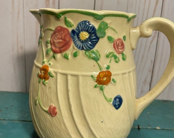 Vintage cottageware style large water pitcher, Japanese majolica, marked on bottom, hand painted, made in Japan, farmhouse kitchen,