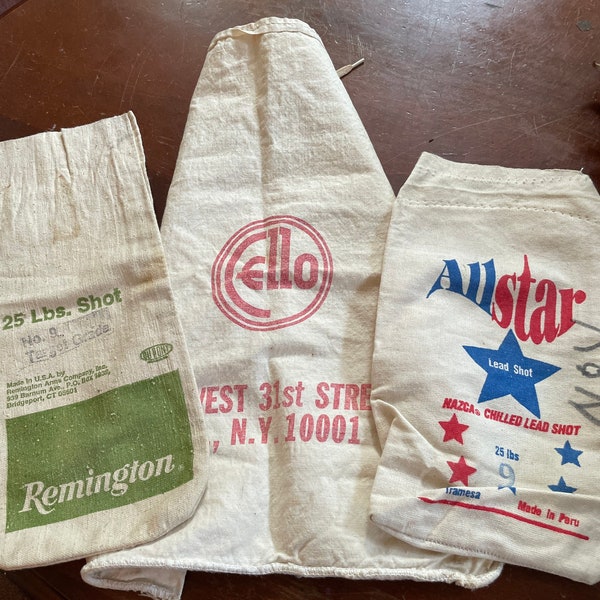 Vintage fabric bags, buyers choice, lead shot, remington, all star, NY City ephemera, elegant entertaining