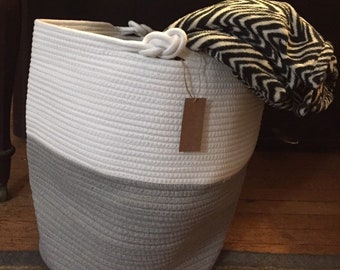 XL gray/white coil rope basket, nautical knot handles, laundry basket, blankets, storage, laundry hamper, toy bin, home office, room decor