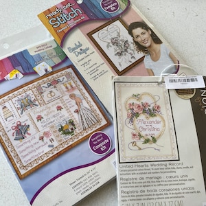 Vintage assorted Janlynn or Dimension counted cross stitch kits, wedding themed craft kits, new in package, DIY kit, wedding gift, heirloom,