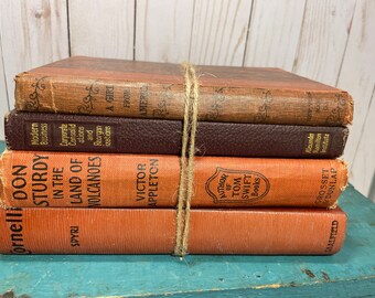 Antique decorative books, lot #3 red, shabby chic vintage, old hardcover books, farmhouse stacked books, rustic home decor, home office,