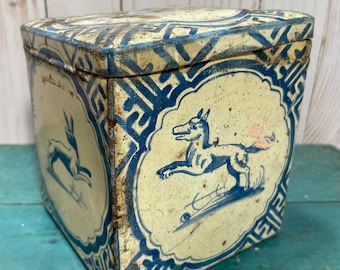 Vintage 1920s Dutch tin box, Delft tile pattern, sewing box, collectible tin, desk accessory