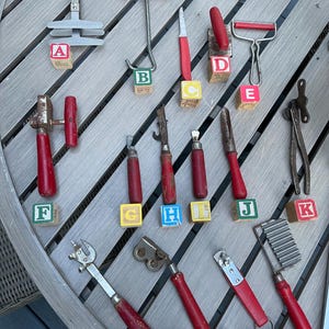 Vintage red handle kitchen tools, small sized, farmhouse kitchen, buyers choice, collectibles, lot #3