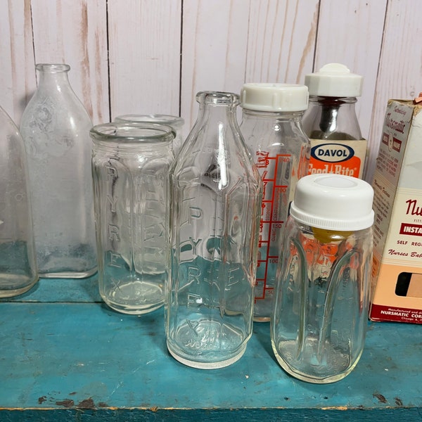 Vintage glass baby bottles pieces and parts, midwife, nursery , buyers choice, collectibles