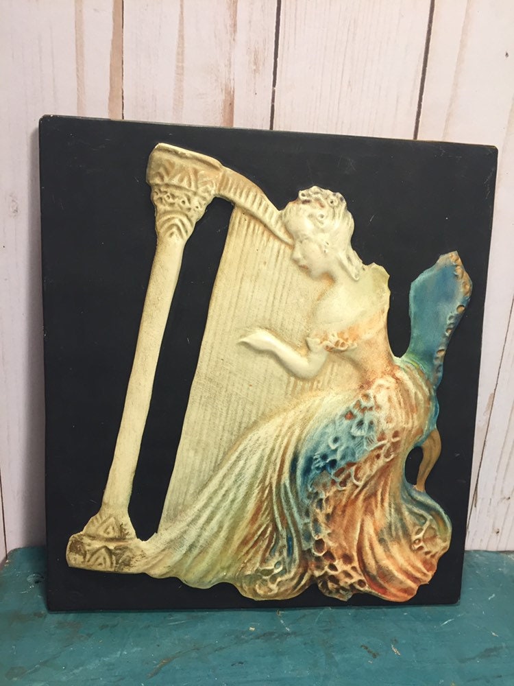 Vintage artisan tile, chalkware plaque, Alice Cranston Fenner, girl at harp, wall decor, music room, vintage vanity