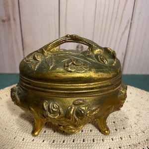 vintage jewelry box, jewelry casket - Brainard and Wilson, Victorian, gold electroplate with original satin lining, vanity, goth gift